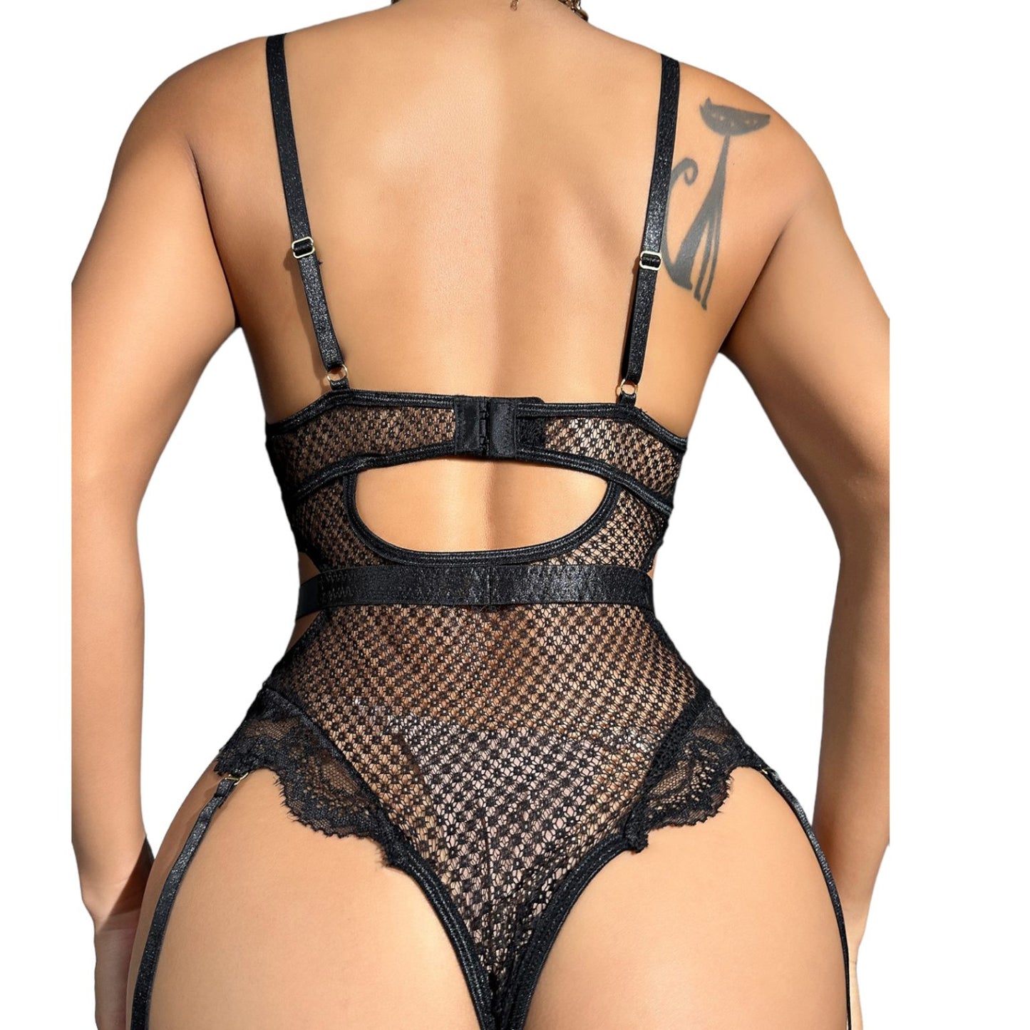 Sexy lace bodysuit with suspenders and chains - Black