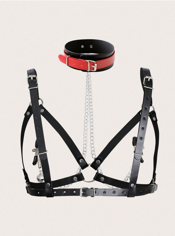Δερμάτινο Harness και Κολάρο με Σφιγκτήρες Θηλών