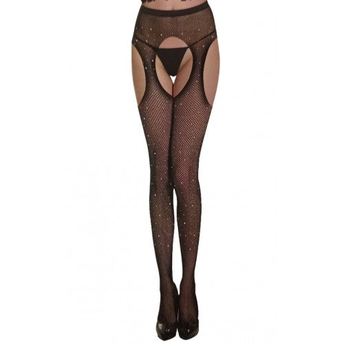 Mesh pantyhose with rhinestones and open crotch