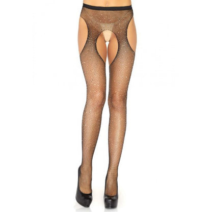 Mesh pantyhose with rhinestones and open crotch
