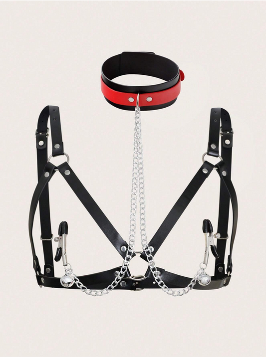 Leather Harness and Collar with Nipple Clamps