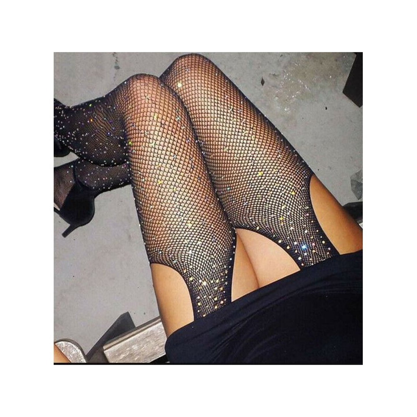 Mesh pantyhose with rhinestones and open crotch